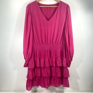 Vince Camuto Hot Pink V-Neck Balloon Sleeve Tiered Ruffle Fun Cocktail Dress XL